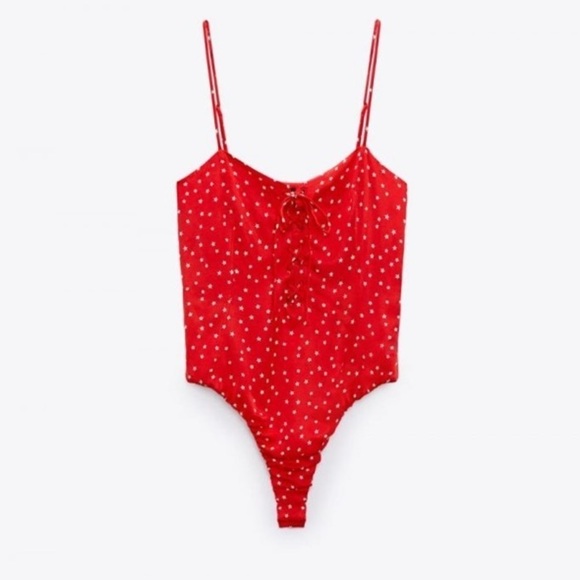 Zara satin effect red bodysuit with stars, bloggers fav, size S, NWT - Picture 1 of 9